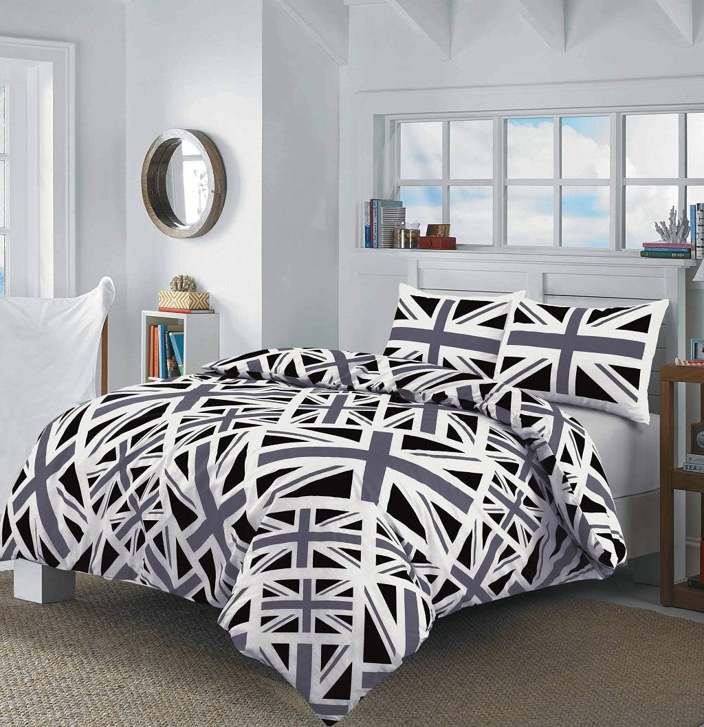 Union Jack England Reversible Bedding- UK Flag Bedding Set for Kids Adults Geometric Ultra Soft Bedding Bed Set- UK Themed Bedding Set (Black, Double)