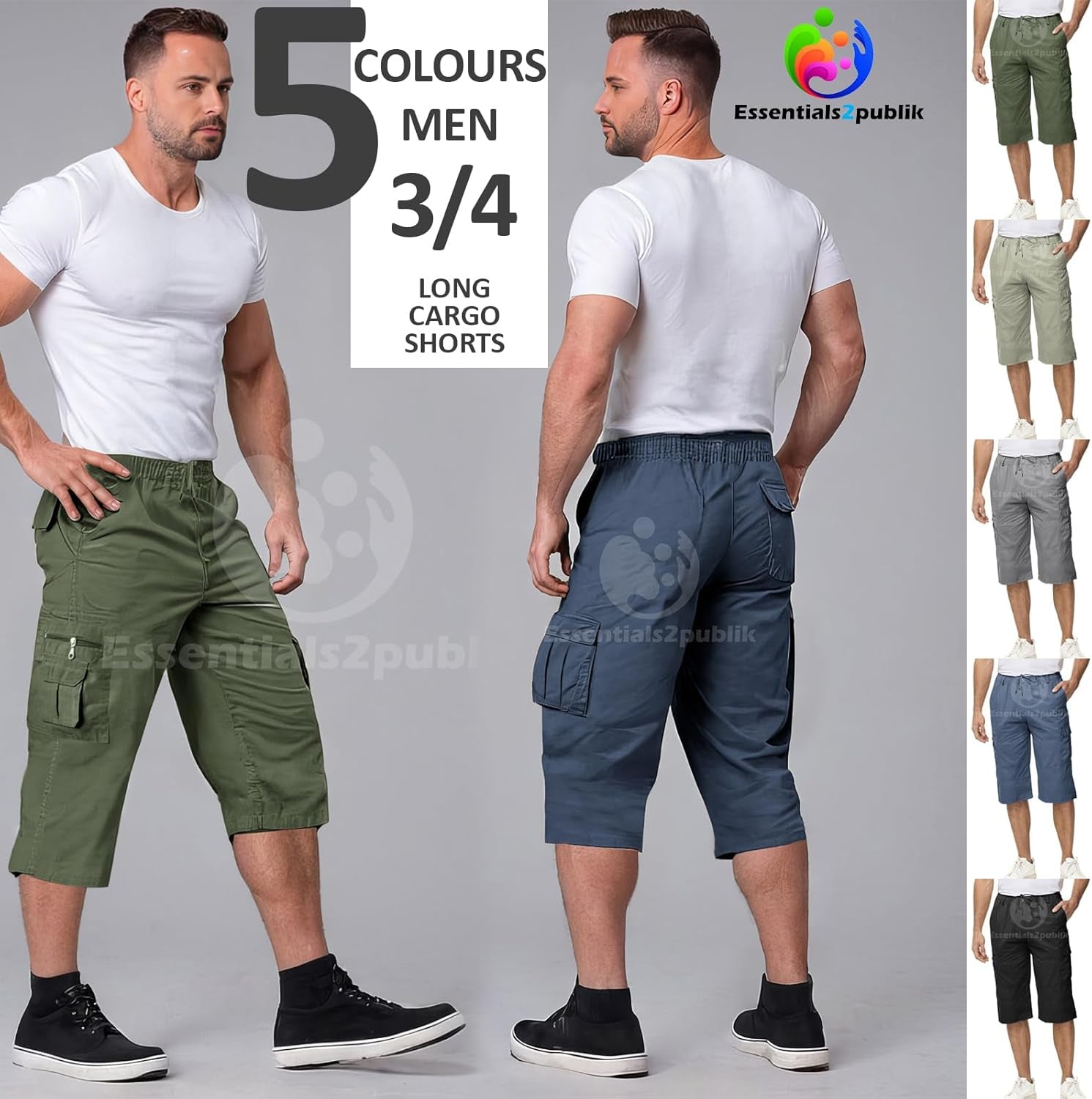 3/4 Mens Summer Long Shorts with Pockets & Elasticated Draw Cord Lightweight Cotton Cargo Walking Hiking Shorts Zip Safari Pants with Multiple Pockets