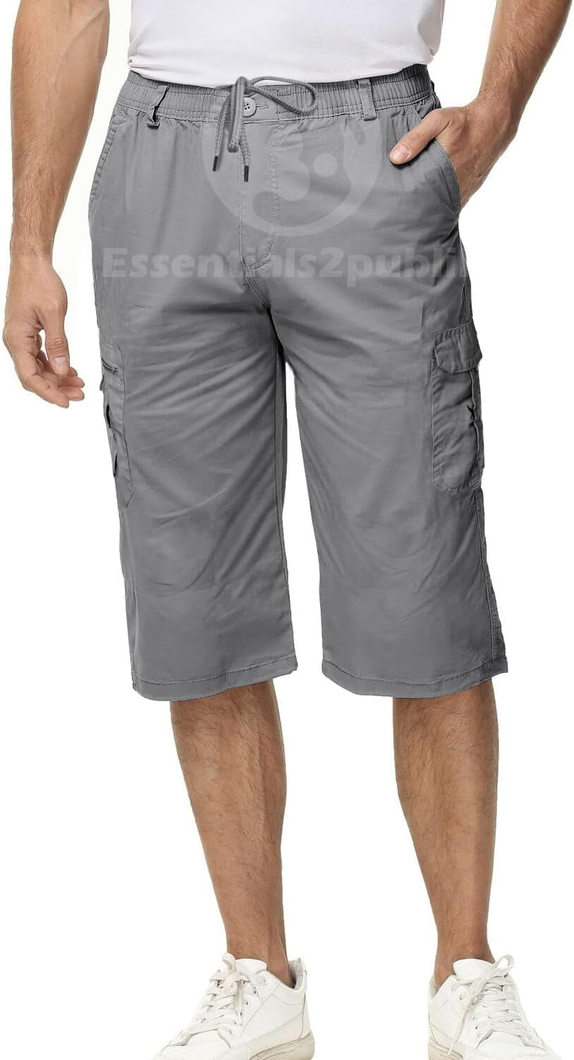 3/4 Mens Summer Long Shorts with Pockets & Elasticated Draw Cord Lightweight Cotton Cargo Walking Hiking Shorts Zip Safari Pants with Multiple Pockets