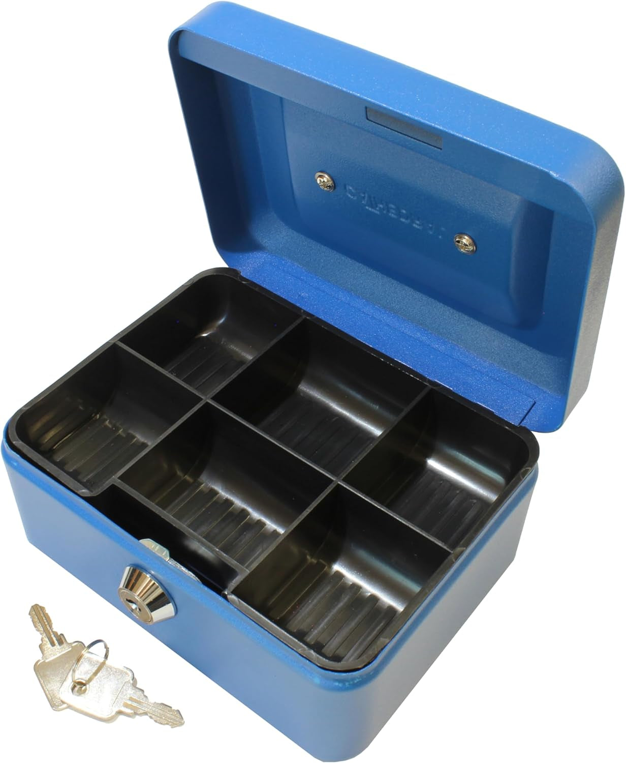 Key Lockable Cash Box with Lift Out 6 Compartment Coin Tray - 8 Inch - Blue