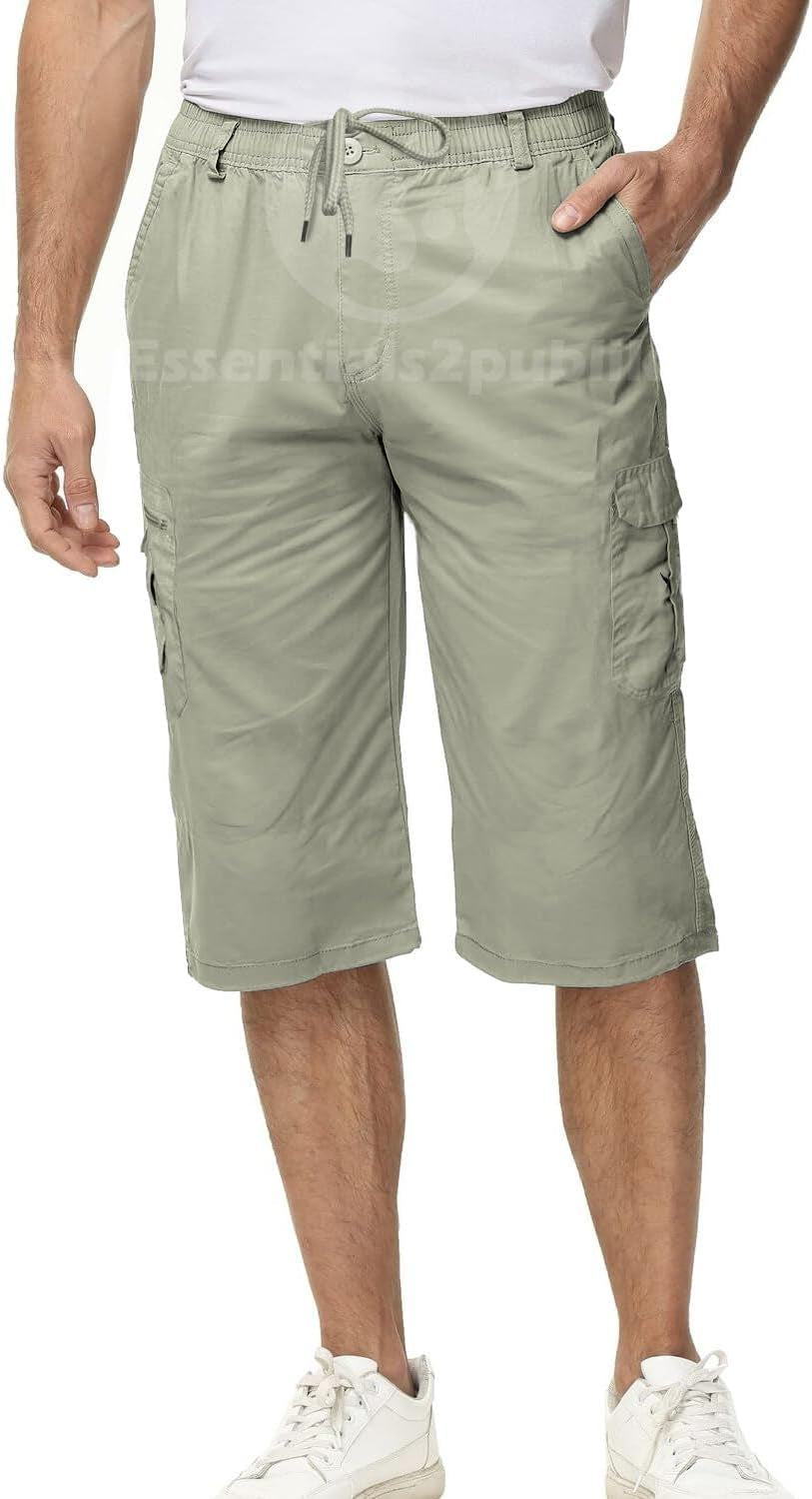 3/4 Mens Summer Long Shorts with Pockets & Elasticated Draw Cord Lightweight Cotton Cargo Walking Hiking Shorts Zip Safari Pants with Multiple Pockets