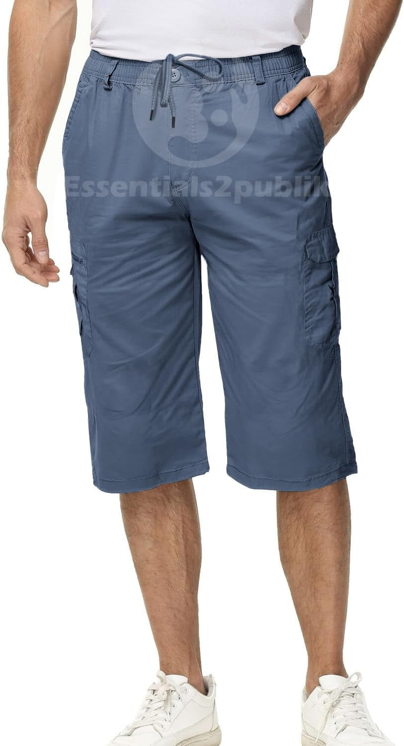 3/4 Mens Summer Long Shorts with Pockets & Elasticated Draw Cord Lightweight Cotton Cargo Walking Hiking Shorts Zip Safari Pants with Multiple Pockets