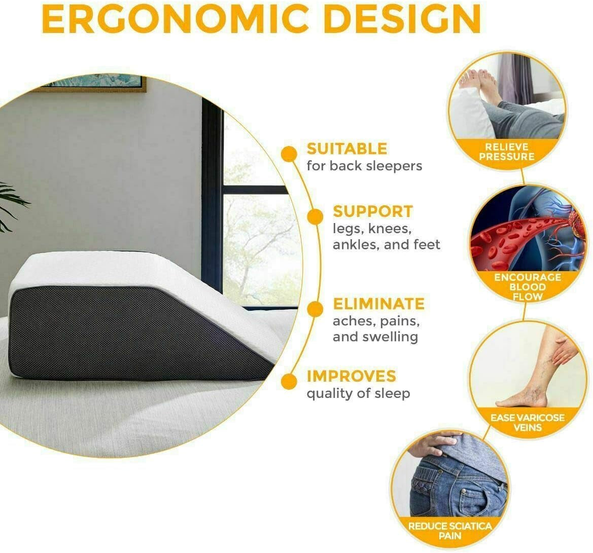 Leg Elevation Pillow with Full Memory Foam Top, Leg Rest Elevating Foam Wedge Relieves and Recovers Foot and Ankle Injury, Leg Pain, Hip and Knee Pain, Improves Blood Circulation (White/Grey)