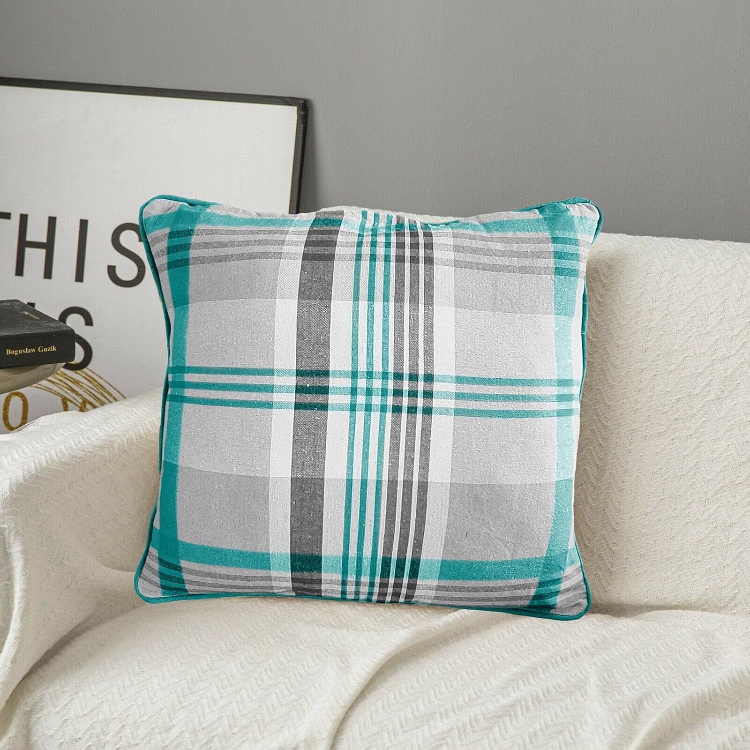 Tartan Check Plaid Design, Tartan Cushion with Covers, Cotton Tartan Scottish Checked Edge Cushion, Striped Decorative Pillowcase for Home Sofa Bedroom Living (Pack of 2) (18X18, Teal)