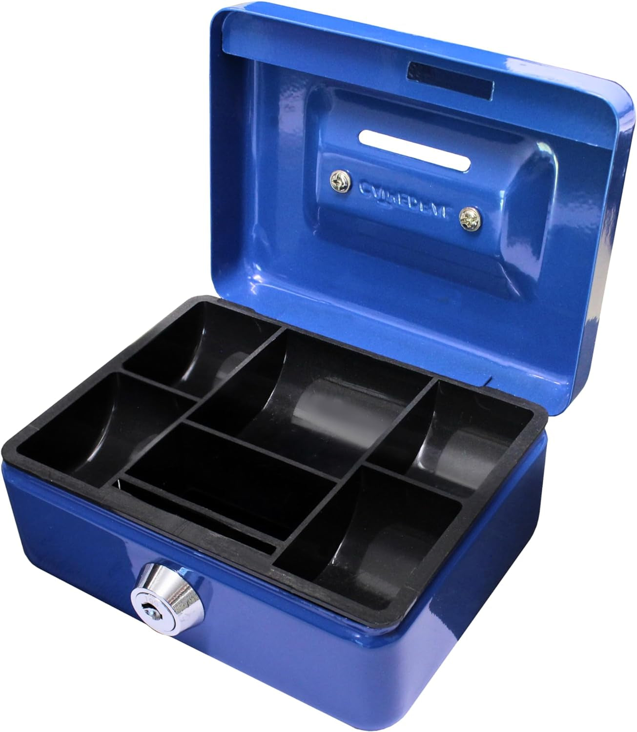 Key Lockable Cash Box with Lift Out 6 Compartment Coin Tray - 8 Inch - Blue