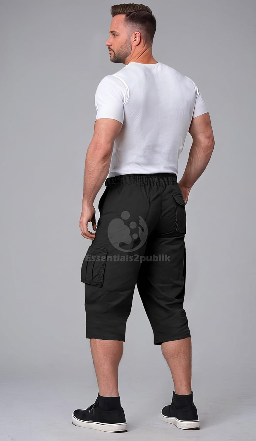 3/4 Mens Summer Long Shorts with Pockets & Elasticated Draw Cord Lightweight Cotton Cargo Walking Hiking Shorts Zip Safari Pants with Multiple Pockets