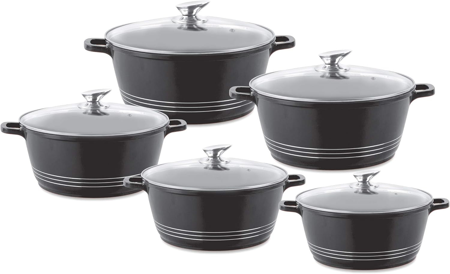 Durane Die-Cast Aluminium Stockpot Set 5Pc 3-Layer Non-Stick Coating Stew Pots Casserole Set Tempered Glass Lid with Steam Vent Induction Casserole Pan (Black)